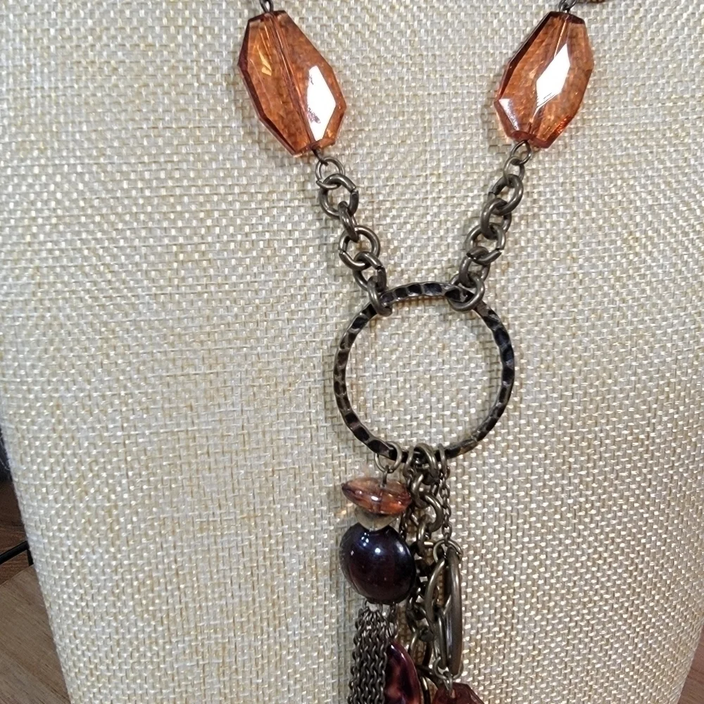 Antique Bronze Metal Statement Necklace with Amber beads and Chain Tassels Boho